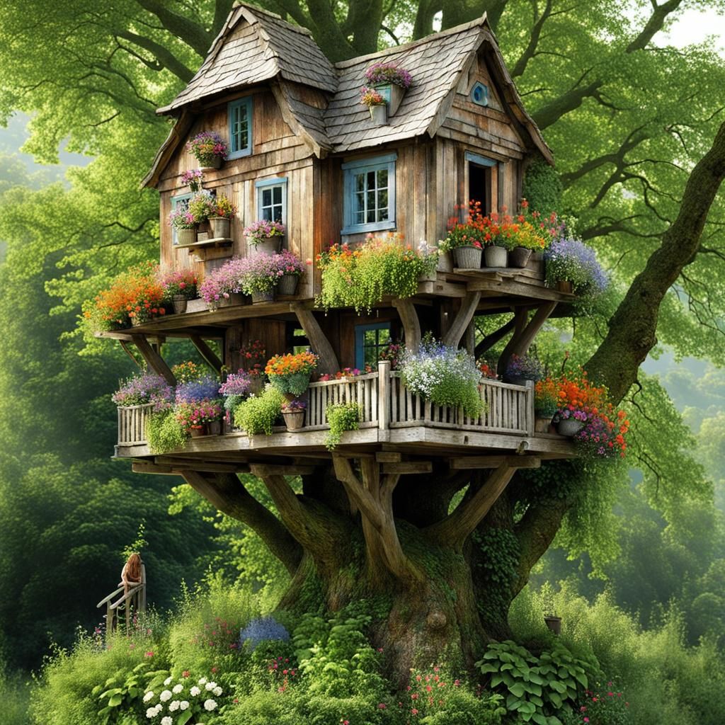 Rustic Flower-Filled Treehouse: Intricate Watercolor Art