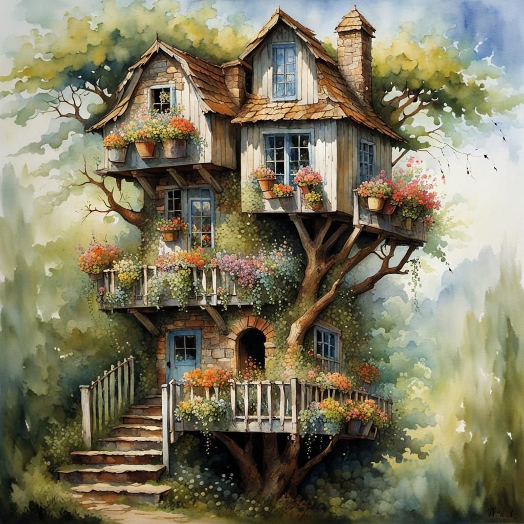 Rustic Treehouse with Flowers: Intricate Digital Art