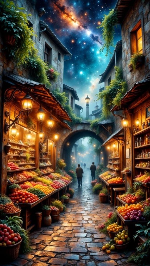 Vibrant Farmstand Amidst Cosmic Journey