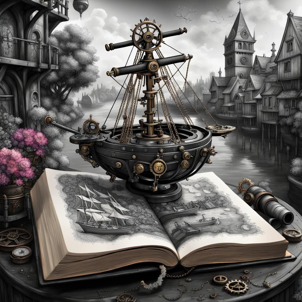 Steampunk Map with Medieval Book, Digital Illustration