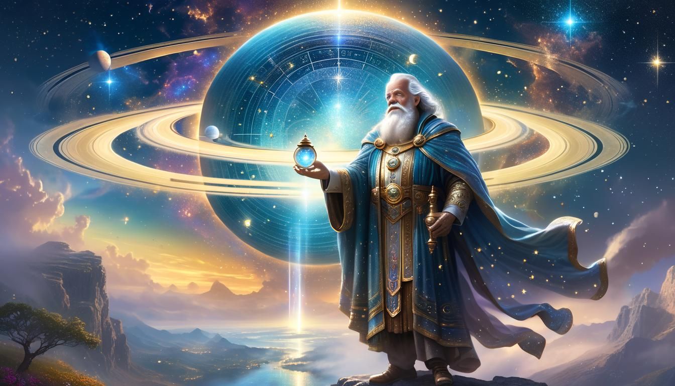 Saturn, God of Time, Studies the Universe