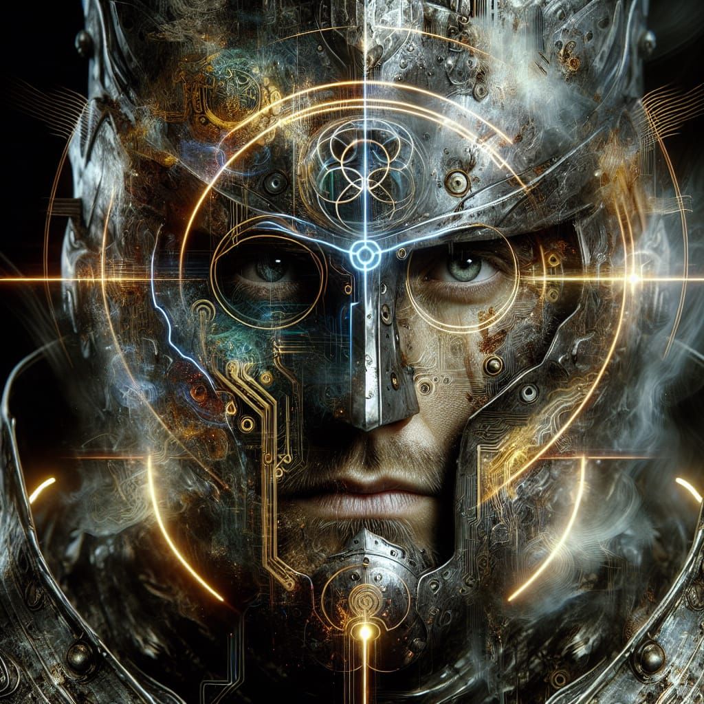 Mythic Knight with Neon Halos in Electro-Surrealist Style