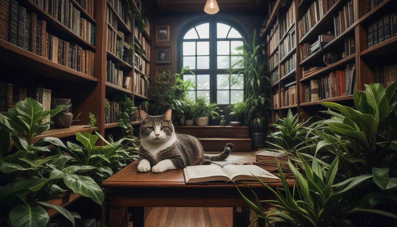 Hyperrealistic Cat in Cozy Library with Plants