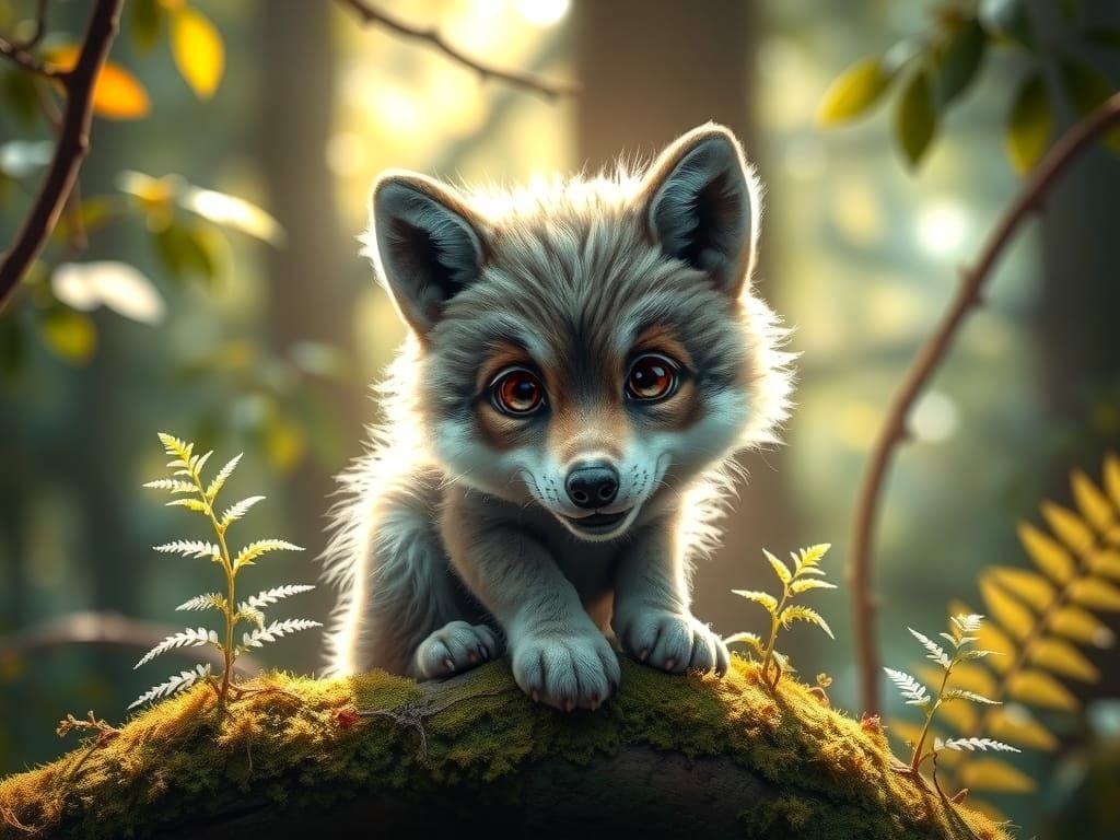 Adorable Furry Wolf Cub in Enchanted Forest