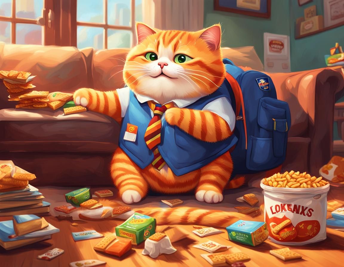 Pixar-Style Tabby Cat Lounging with Snacks
