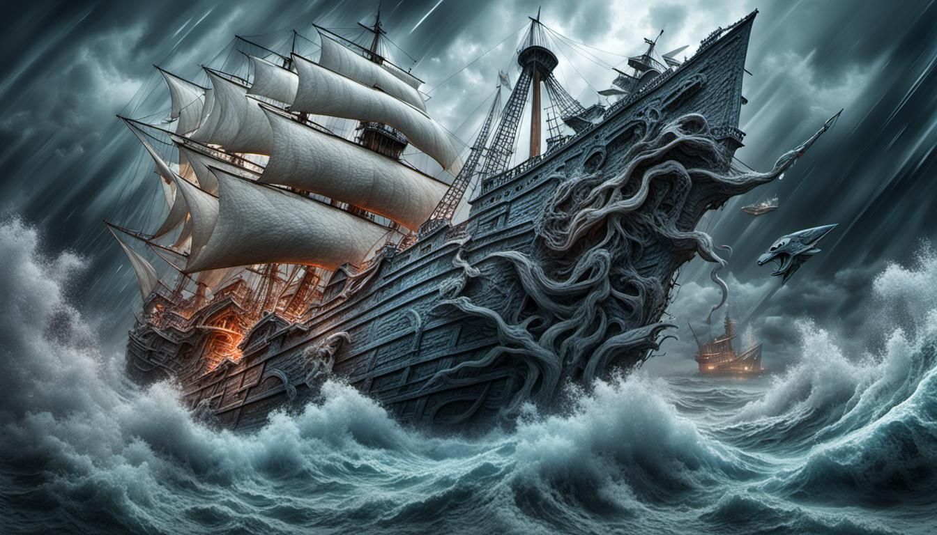 Sea Monster Attack in Stormy Seas: Bas-Relief Sculpture