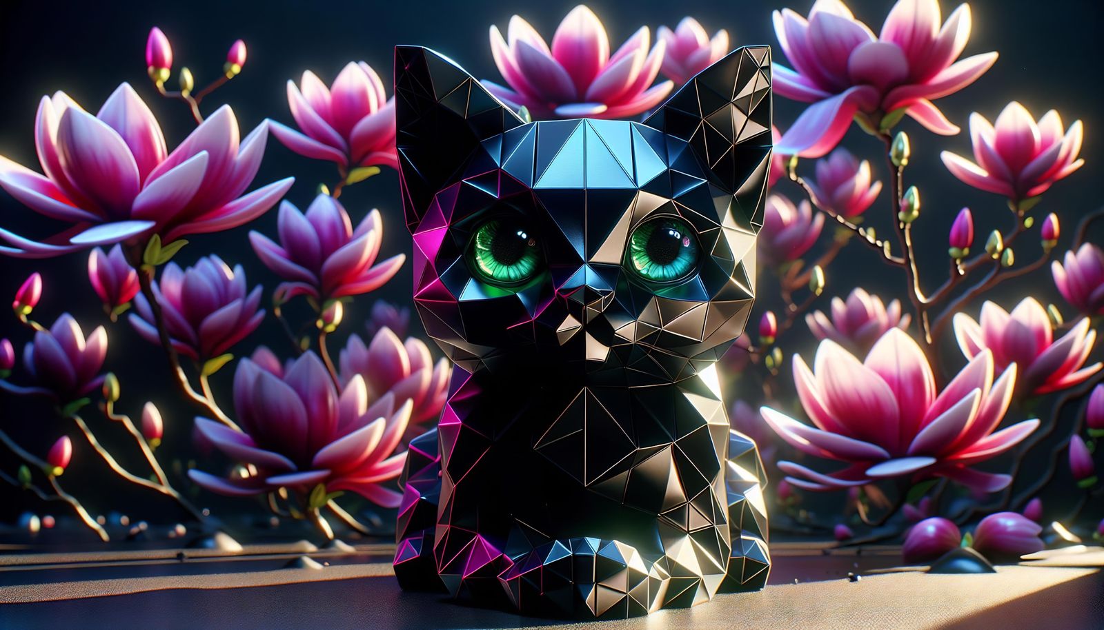 Detailed 3D Image of Cubic Kitten With Flowers