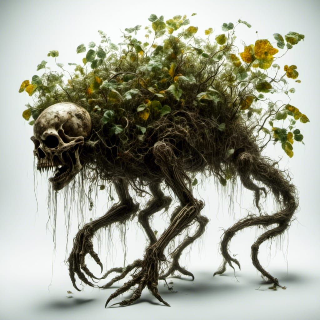 Double exposure photography of a creature made of root...