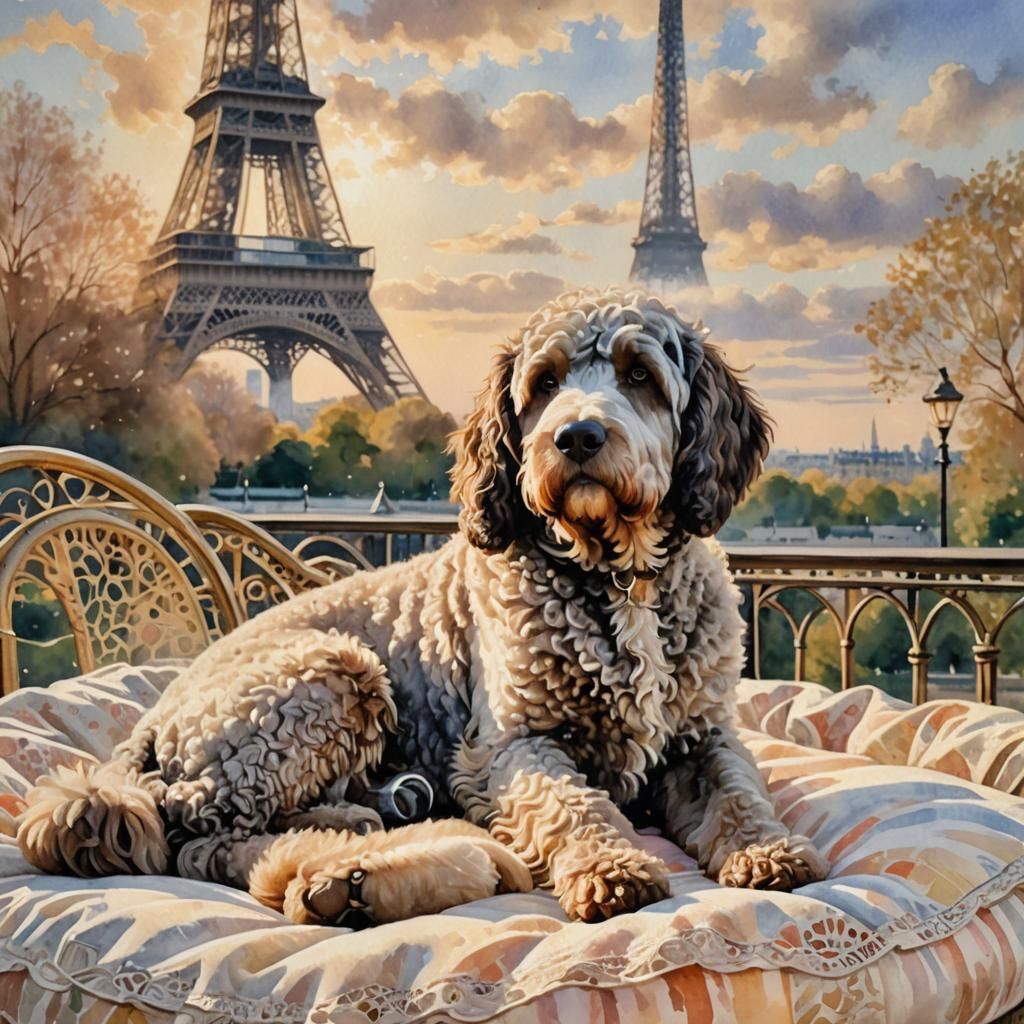 French Water Dog in Impressionist Watercolor Style