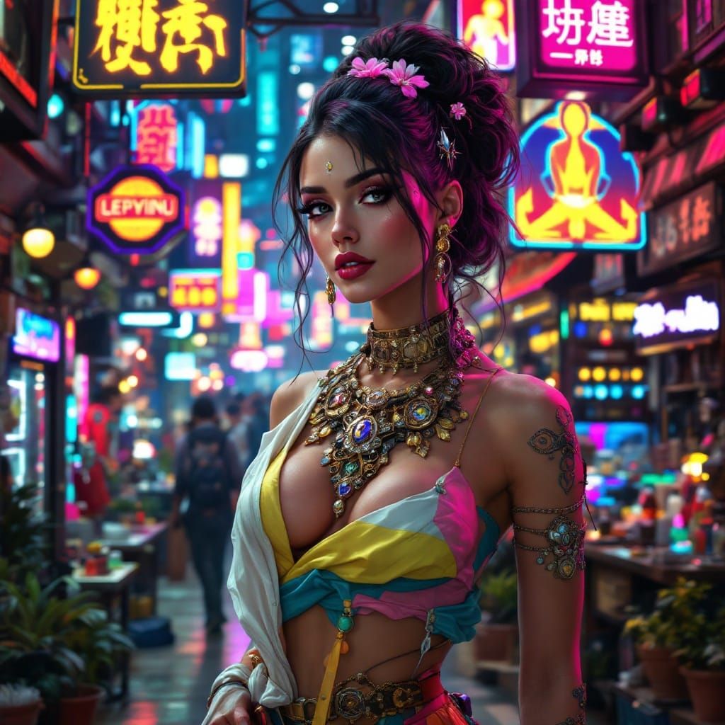 Cyberpunk Goddess in Vibrant Marketplace