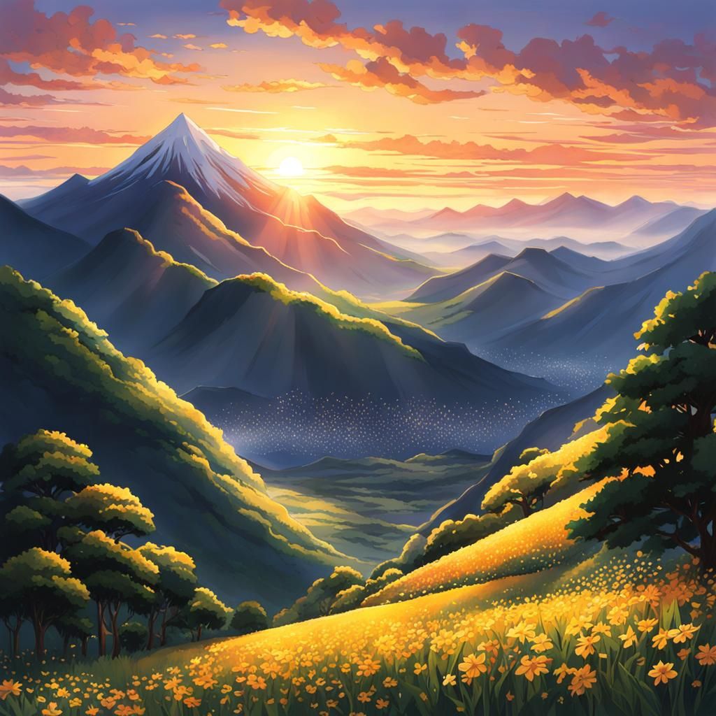 Anime Sunrise Over Majestic Mountains
