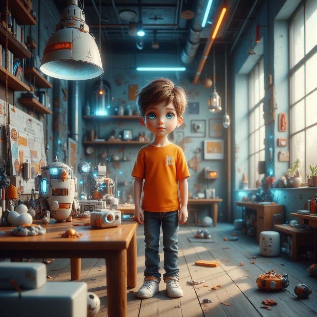 Boy Building Robots in Cinematic Style