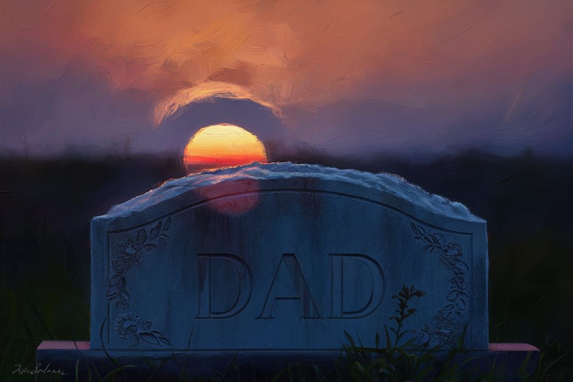 Sunset Silhouette on Grave Marker: Hyperrealistic Painting