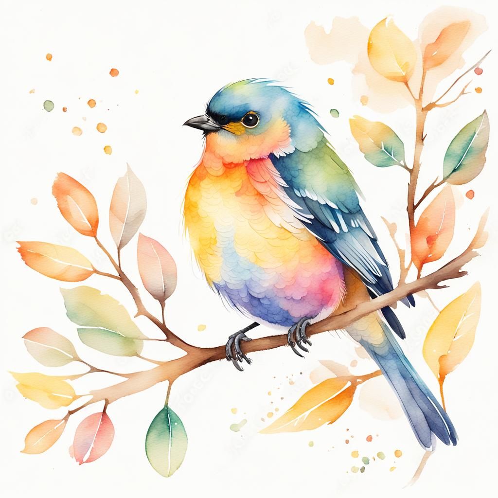 Whimsical Watercolor Bird Perched on a Delicate Branch