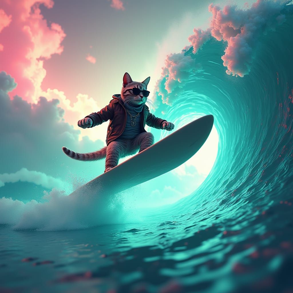 Majestic Cat Surfing on Turquoise Wave