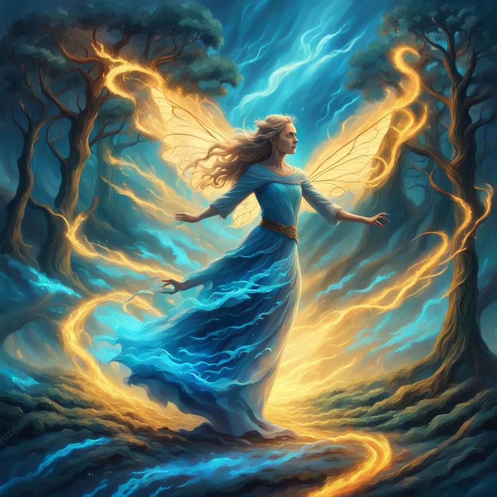 Fairy Amidst Stormy Landscape with Healing Flames