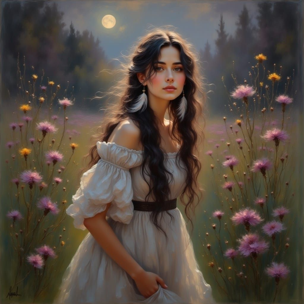 Dreamy Gouache Portrait of Hippy Woman in Wildflower Field