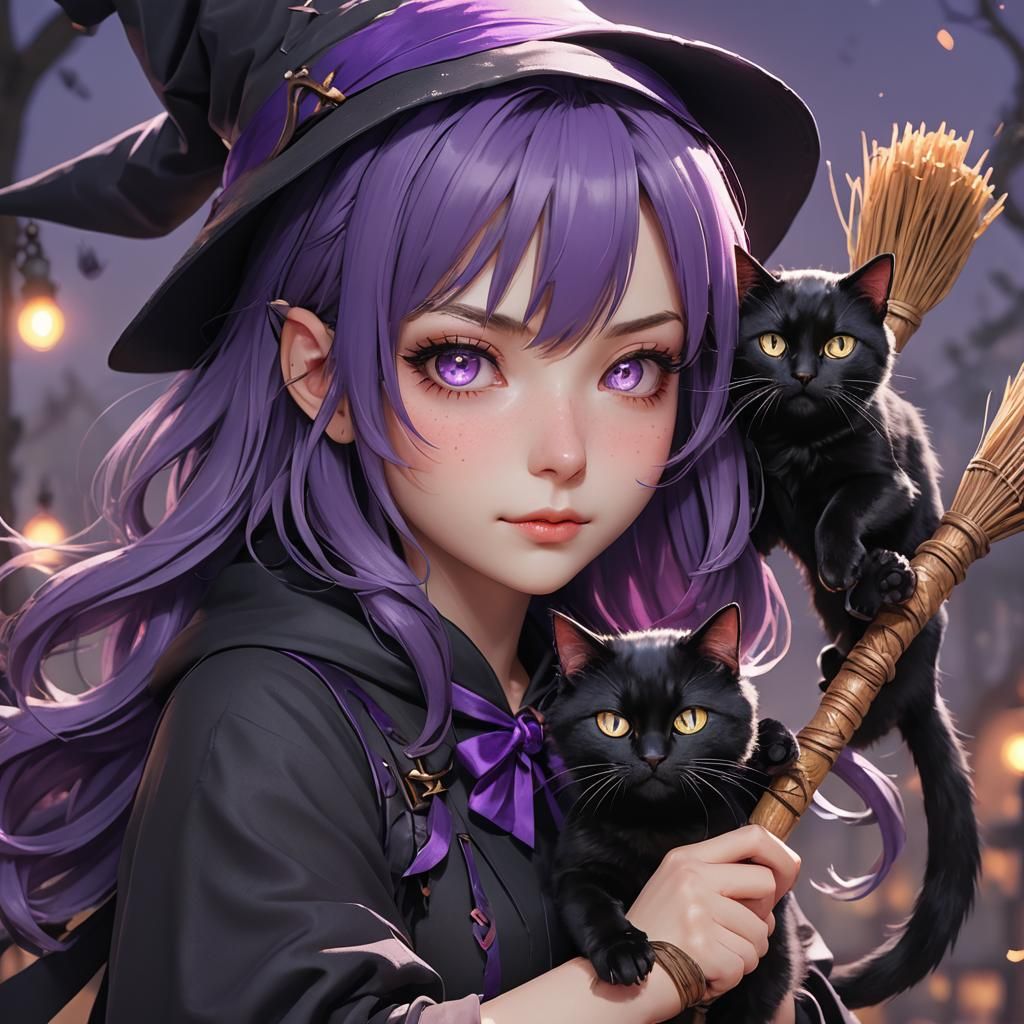 Anime Witch Girl with Cat and Magic Broom