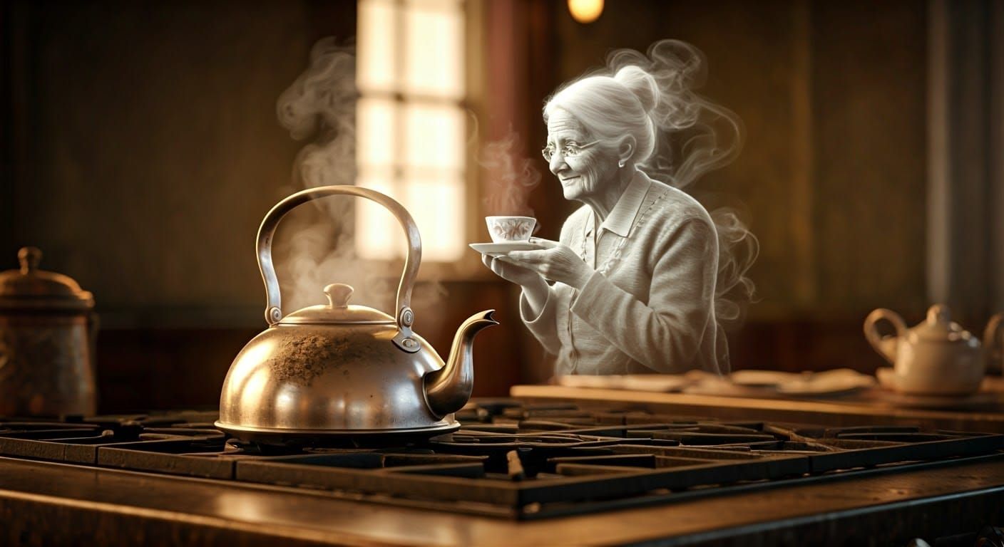 Ethereal Grandmother Emerges from Kettle Steam