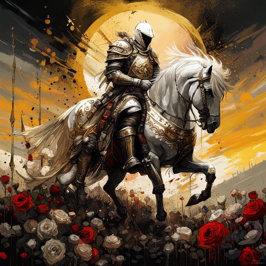 Golden Knight Rides into Battle: Gouache Watercolor