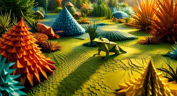 An origami frog in a swamp