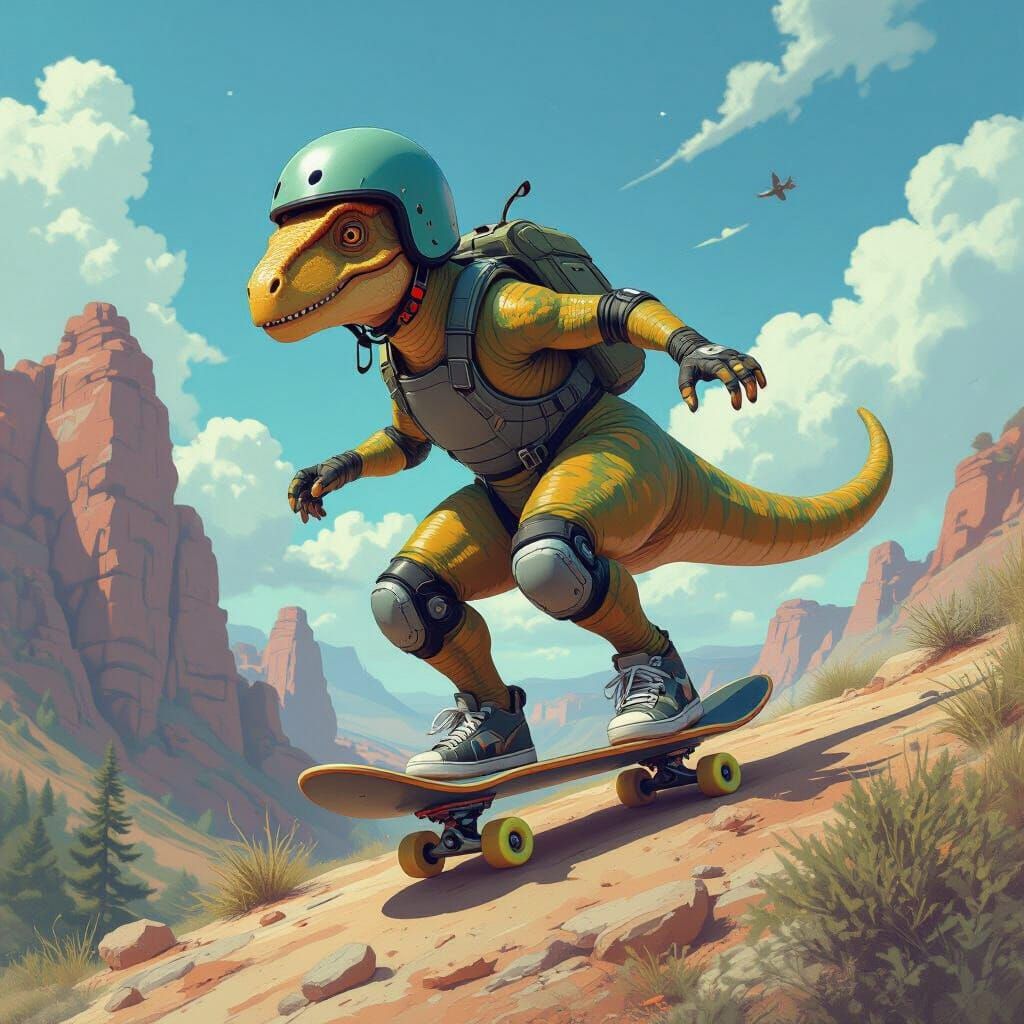 Parasaurolophus Rides Skateboard: Vibrant Sci-Fi Dinosaur Ar...