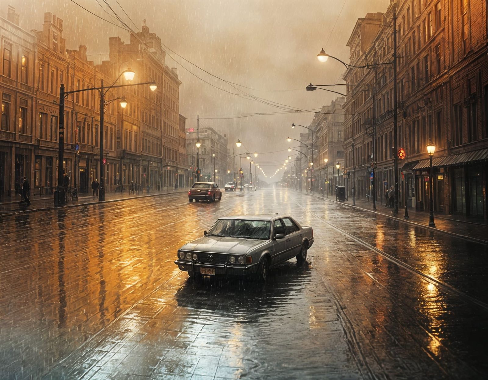 Rainy Street with American Buildings and Streetlights
