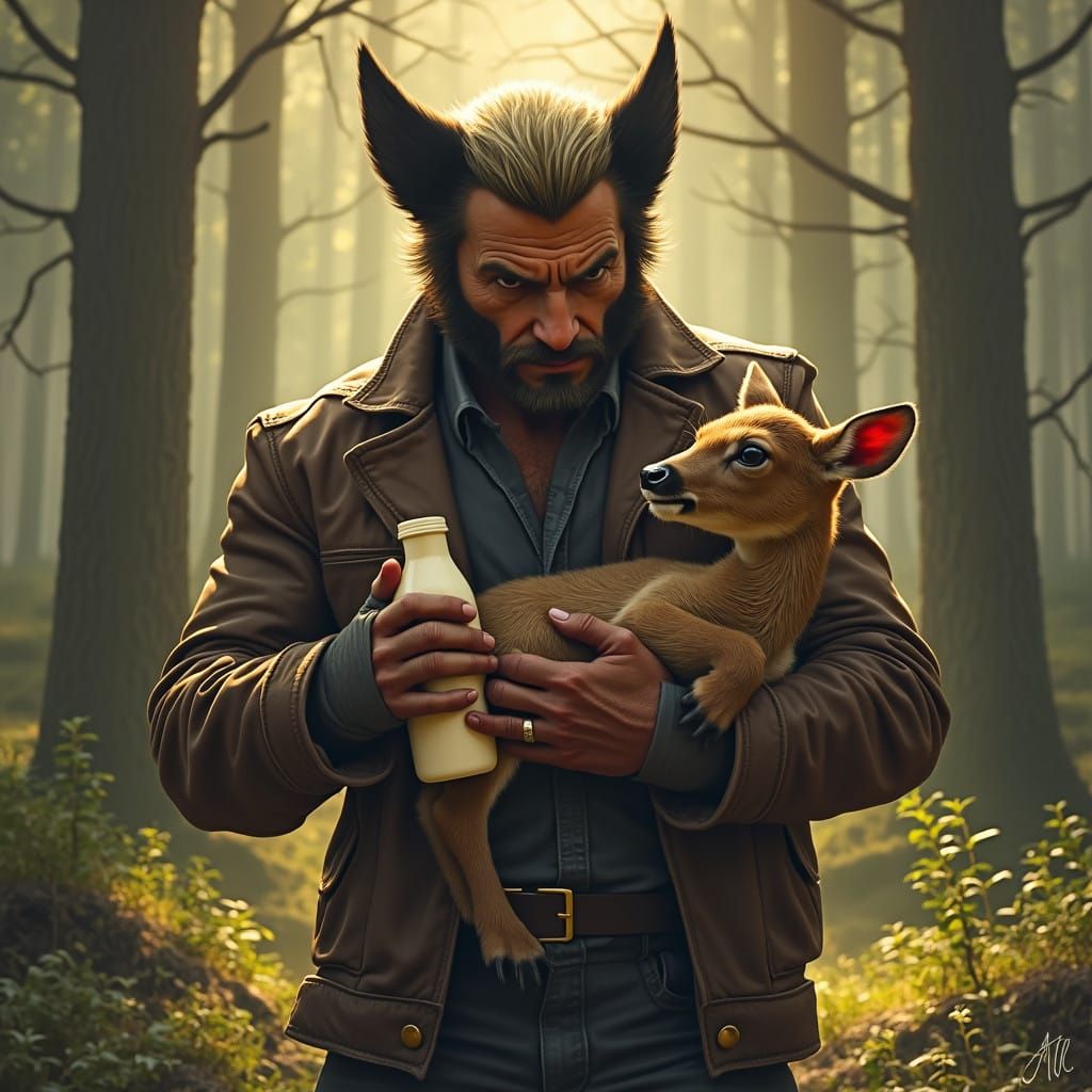 Wolverine Nurtures a Fawn in a Dreamy Forest Scene