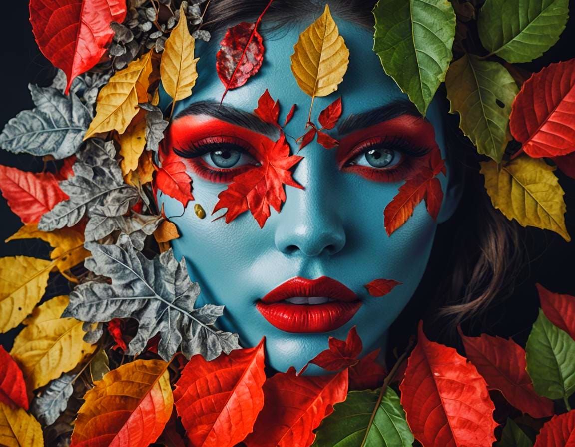 Surreal Woman's Face with Autumn Leaves