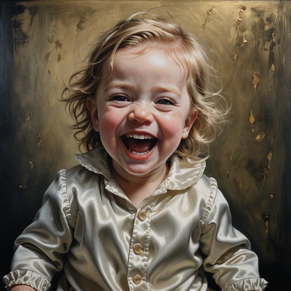 Toddler's Intense Laughter: Photorealistic Oil Painting