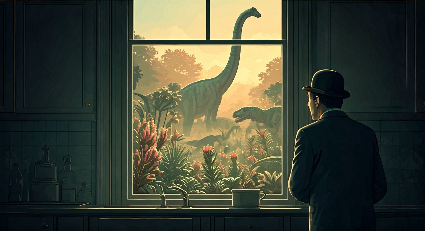 Man Wonders at Dinosaurs in Surreal Belgian Garden