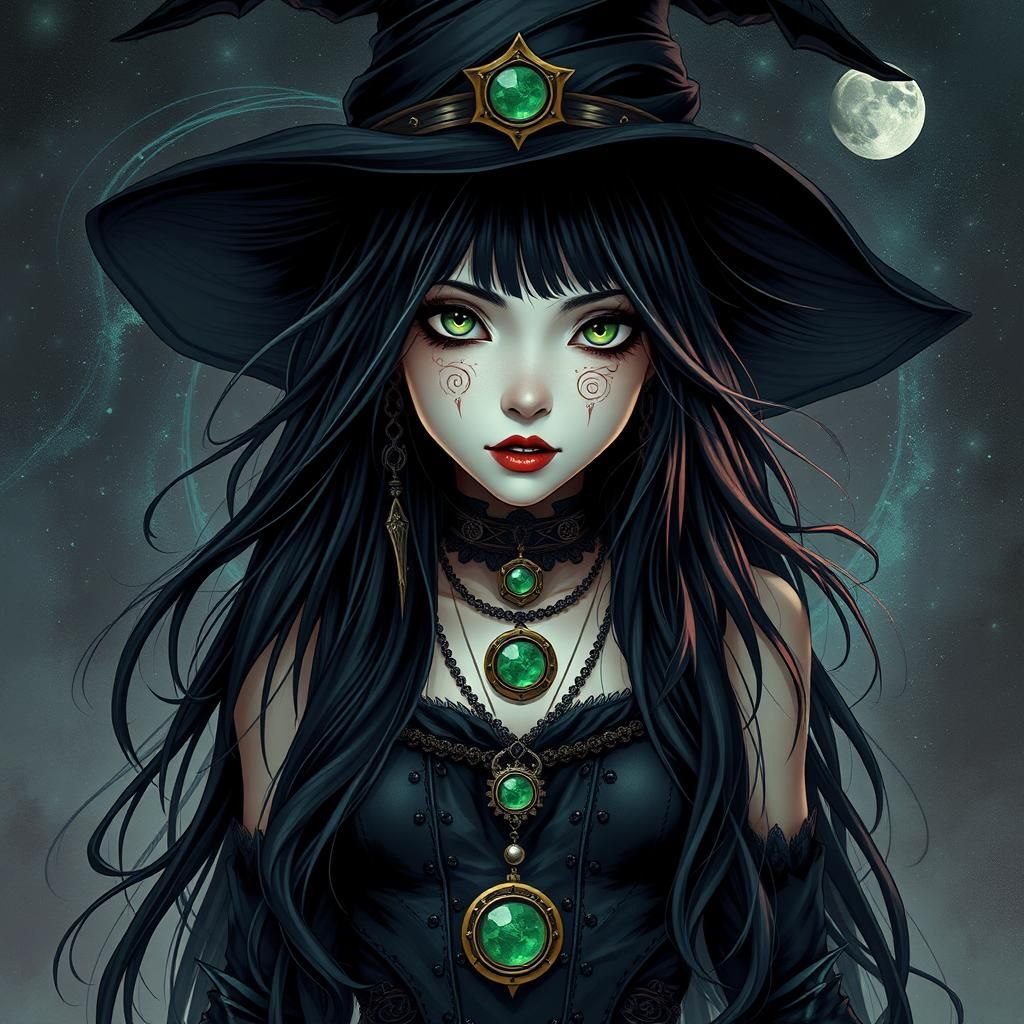 Gothic Steampunk Witch in Holographic Astral Style