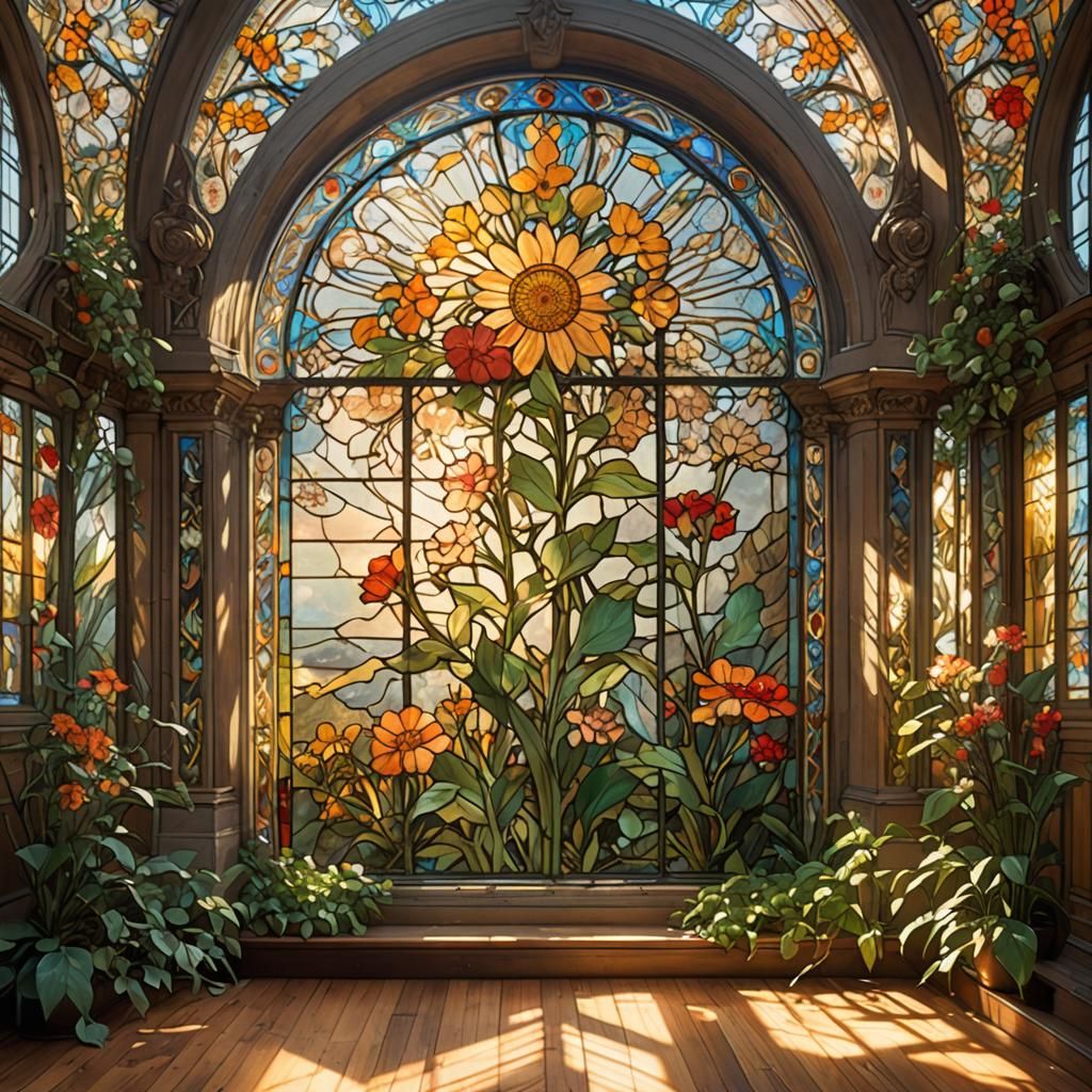 Floral Stained Glass in Art Nouveau Style