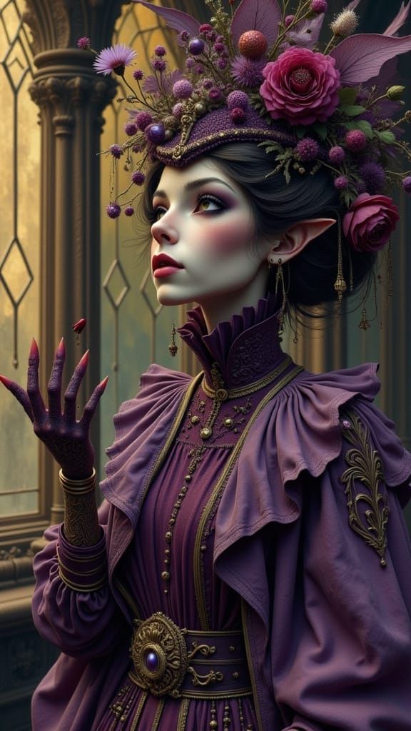 Edwardian Fae Woman in Cathedral, Ink-Wash Style