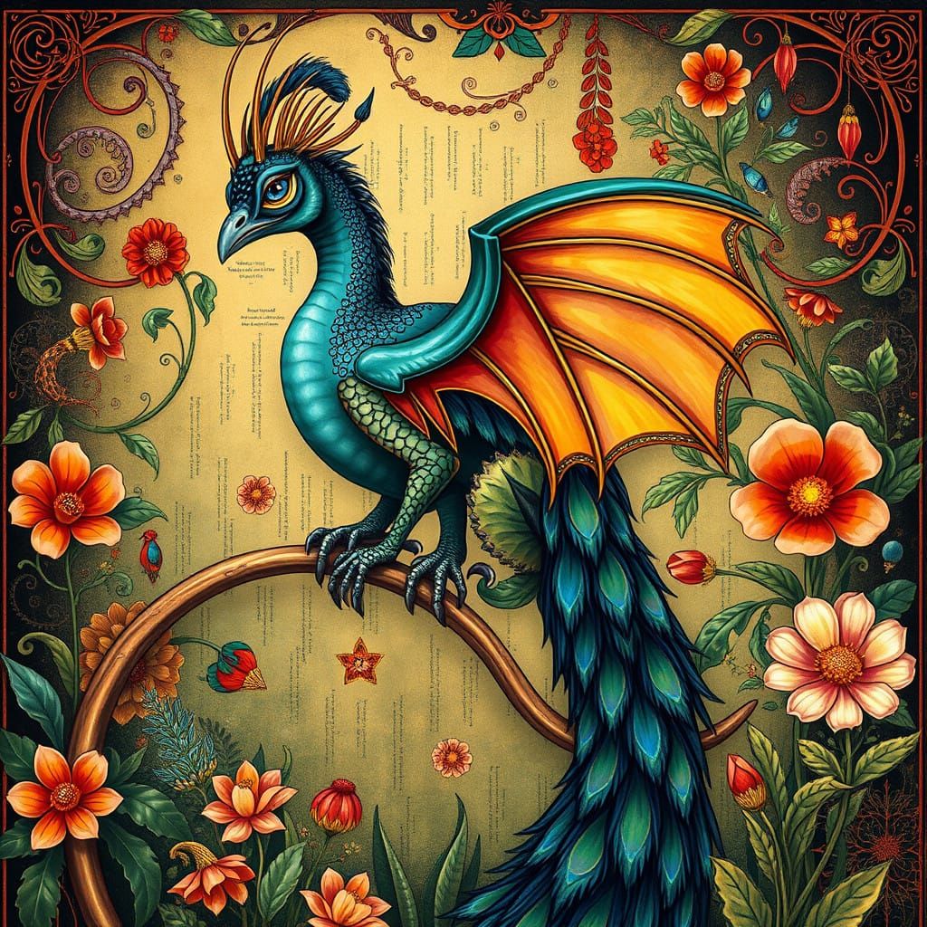 Ethereal Art Nouveau Dragon-Peacock Hybrid in Vibrant Garden