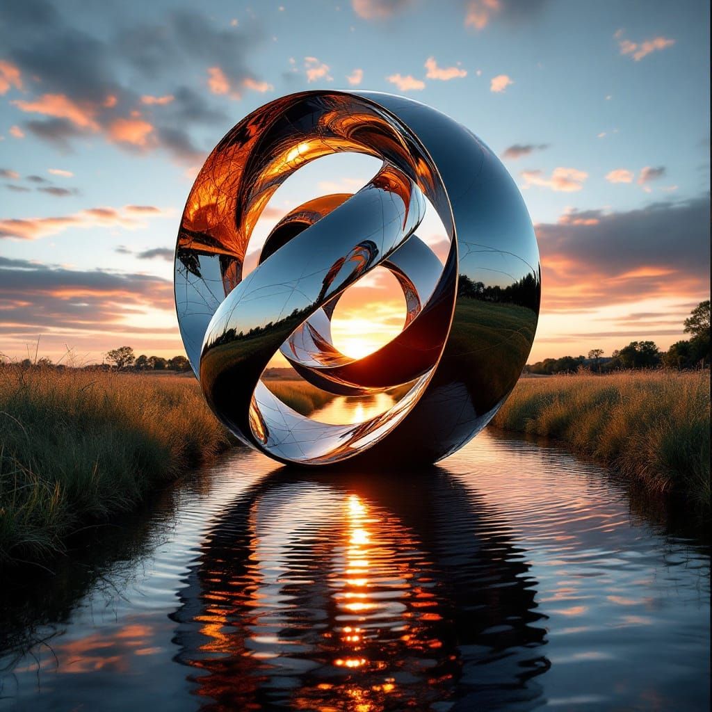 Spiralling Steel Mirror Sculpture in Serene Creek Landscape