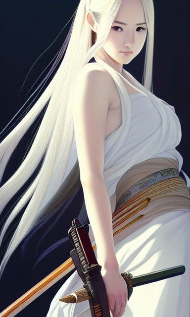 Japanese Girl Portrait with Katana in Art Nouveau Style