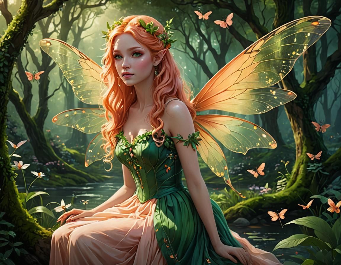 Peach-Haired Fairy Queen in Magical Grove