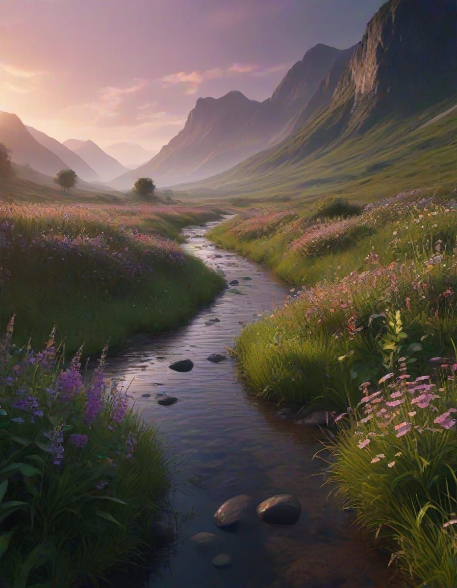 Twilight Valley with Wildflowers and River in Golden Hour