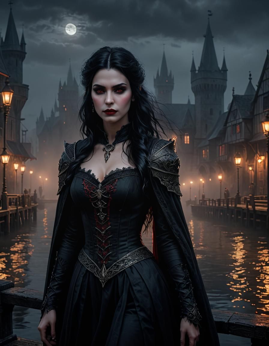 Gothic Vampire at Medieval Pier in Hyperrealism