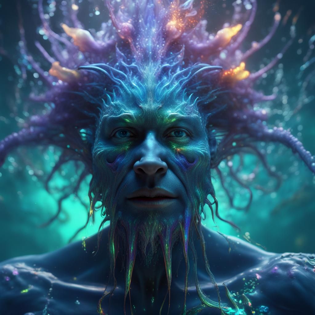 Bioluminescent Kraken-Human Hybrid in Ethereal Ocean