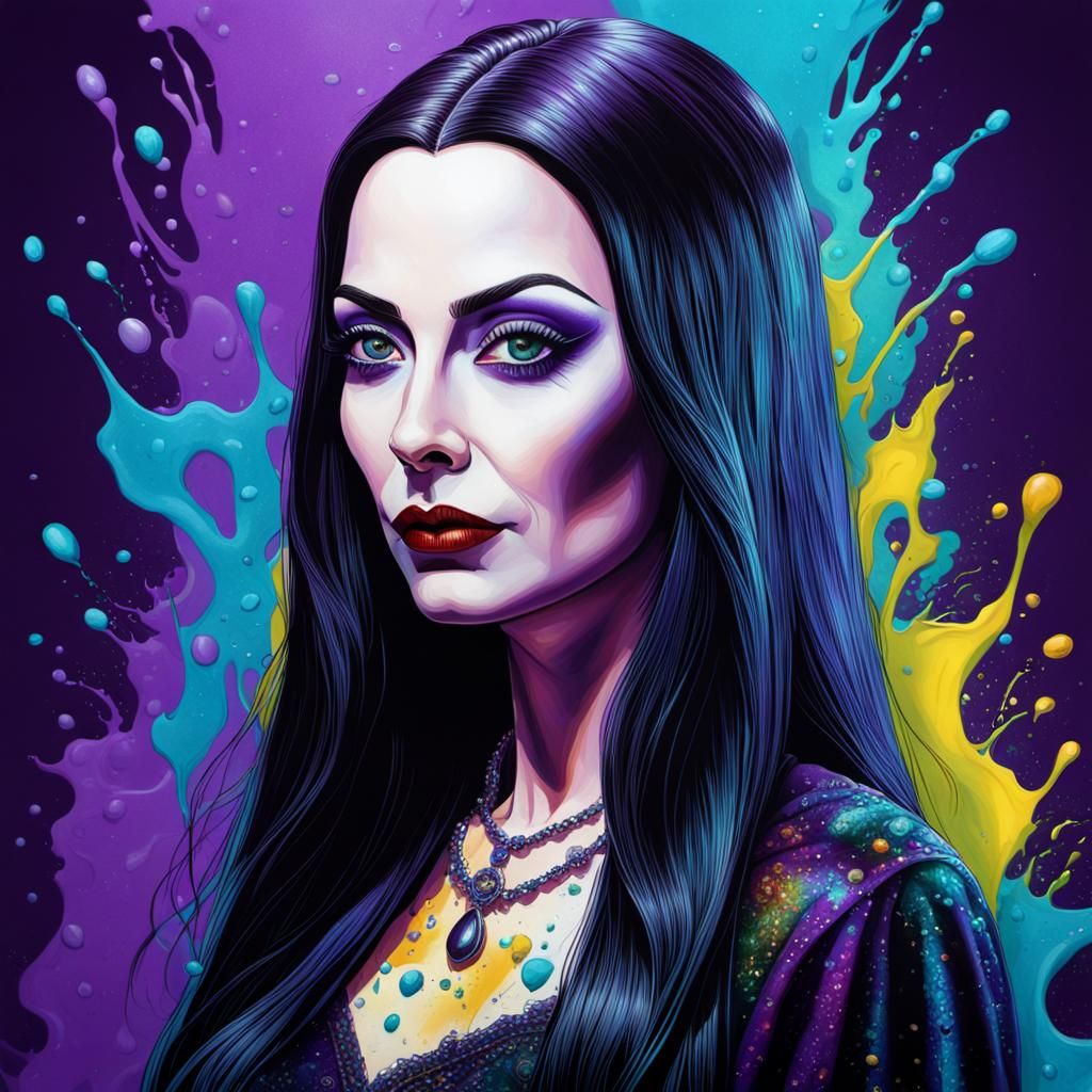 Morticia Addams Portrait in Psychedelic Art Style