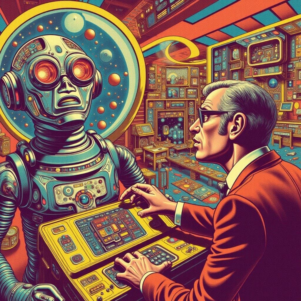 Futuristic Memories in Retro Sci-Fi Cartoon Style