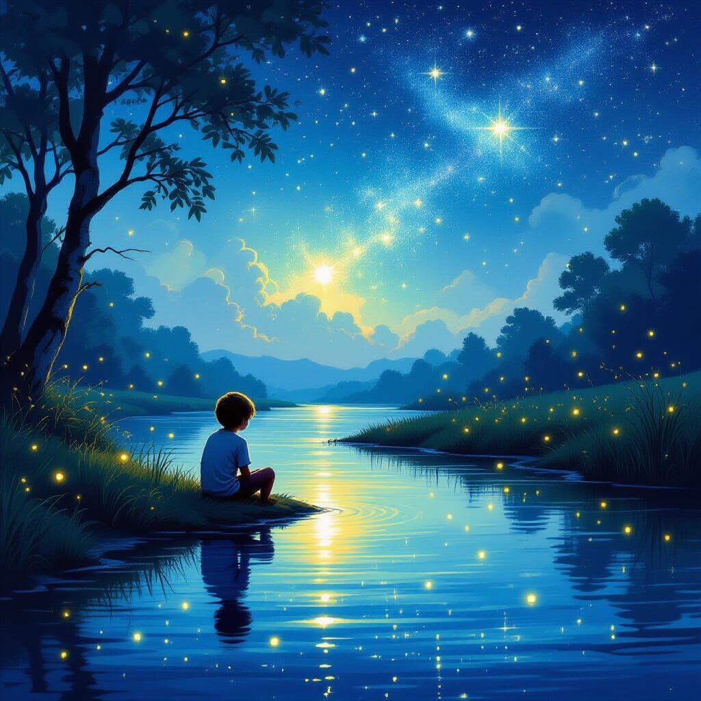 Child by Mystical River with Fireflies, Starry Sky