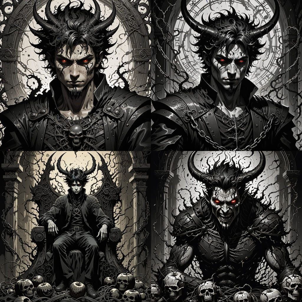 Terrifying Demon Boy in Grotesque Black and White Tattoo Art