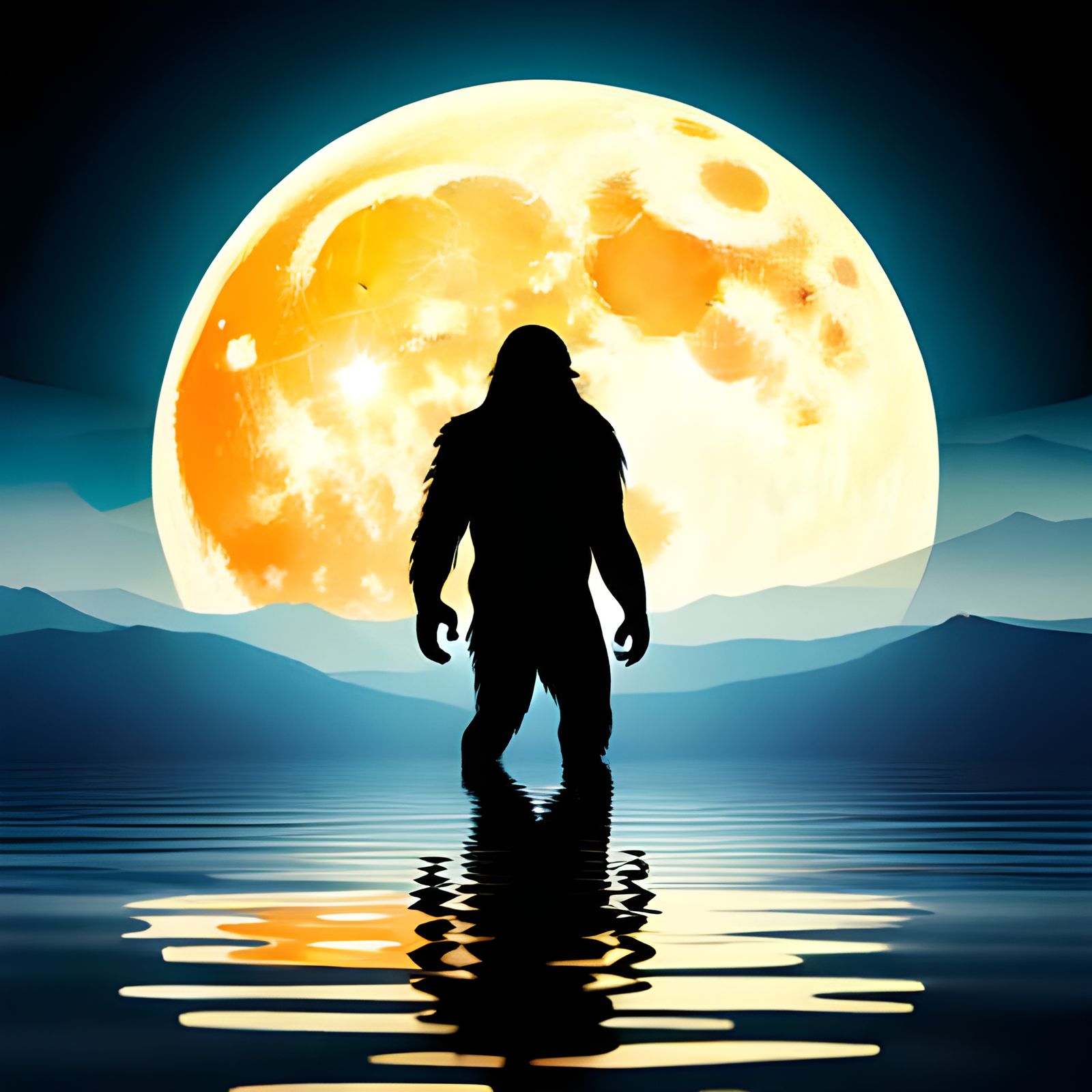 Sasquatch Silhouette Under Blue Moon Horizon