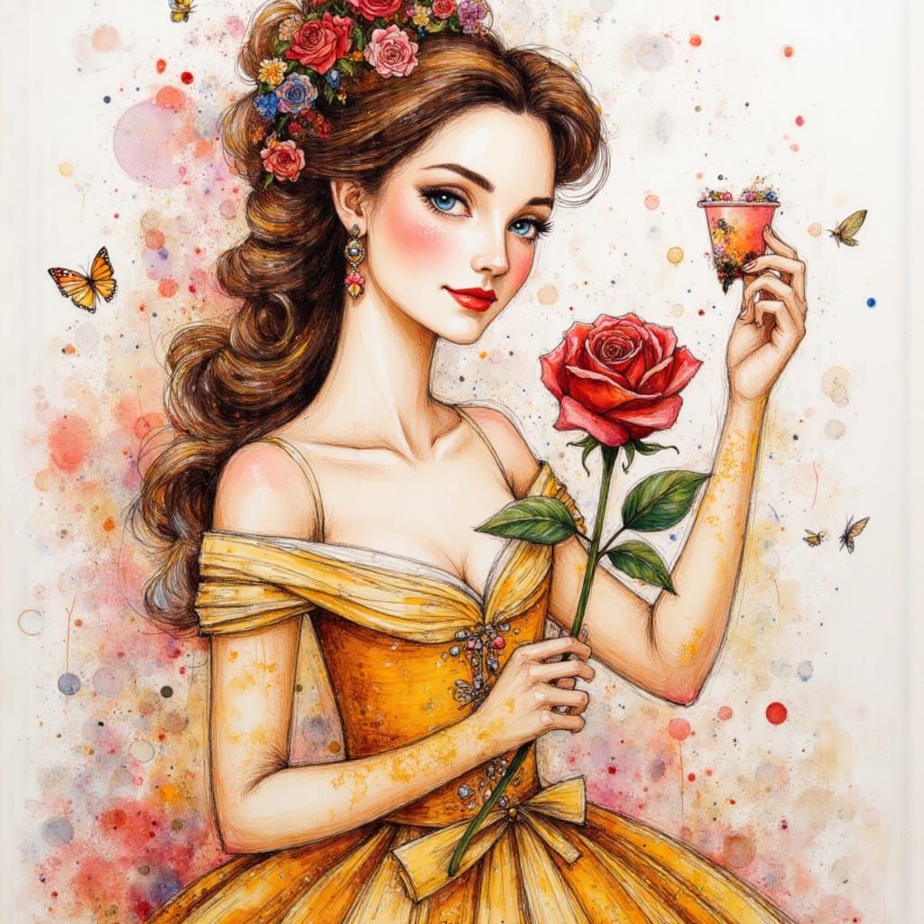 Detailed Pen and Ink Drawing of Belle with Rose