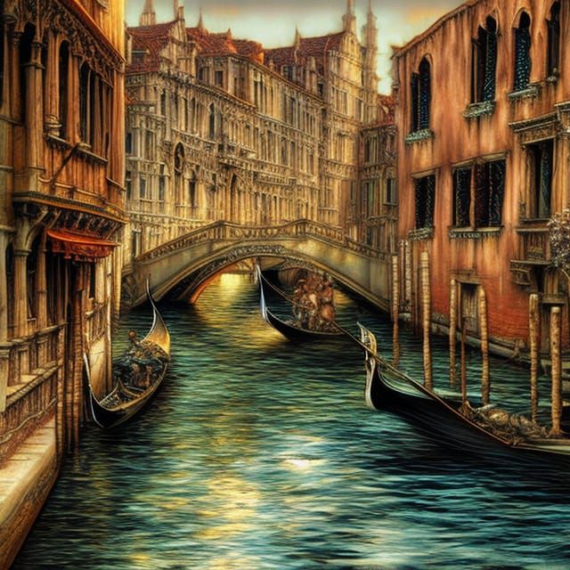 Venice Canal at Golden Hour in Renaissance Style