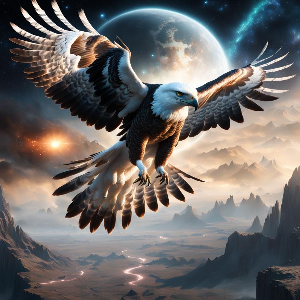 White Hawk Soaring in Galaxy Sky: Digital Painting