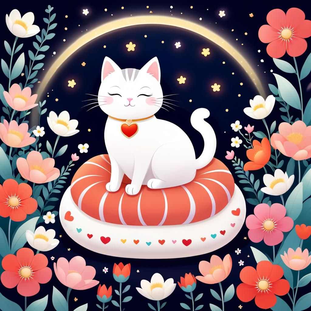 Cute Cat Sleeping Surrounded by Flowers
